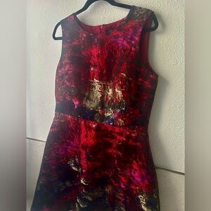 Leslie Fay iridescent red, dark burgundy, purple and gold fit and flare dress